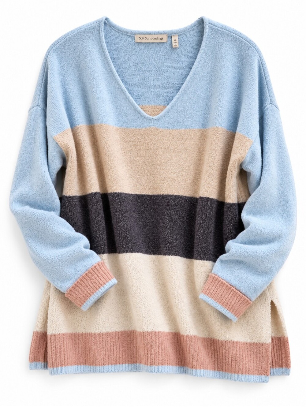 Soft Surroundings Colorblock Chenille Sweater – Women's V-Neck Tunic Long Sleeve